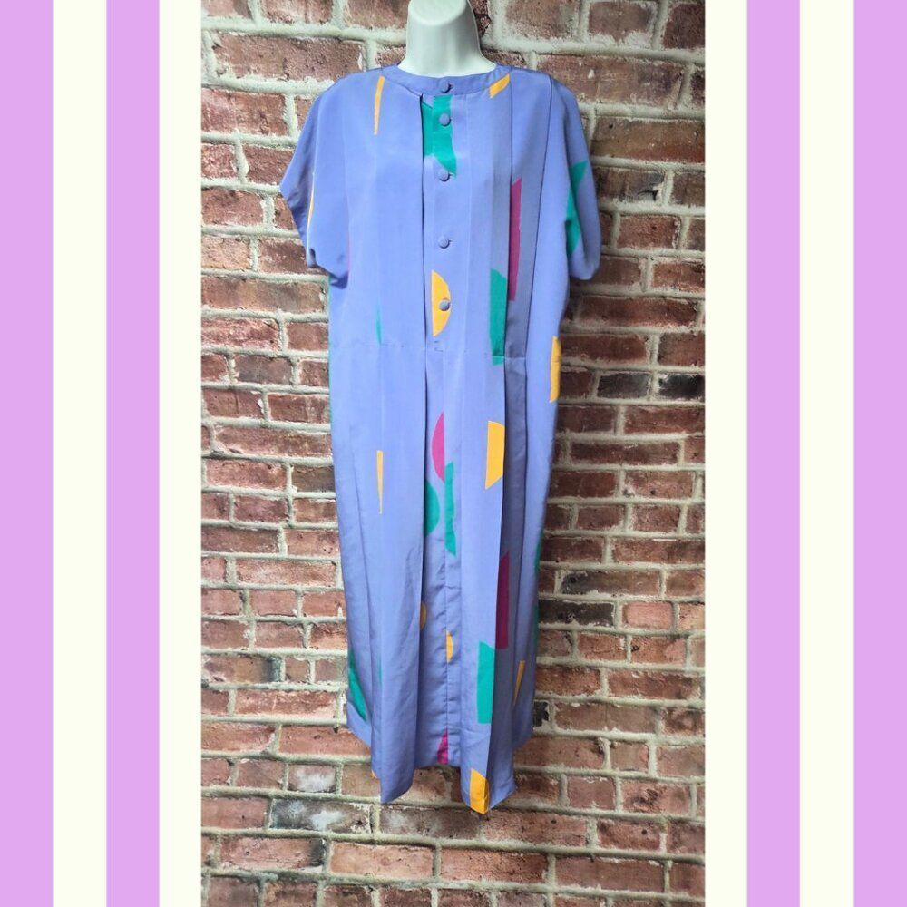 Geometric Abstract‎ Dress XL | Purple Blue Button Down Artsy Boho Festival Indie